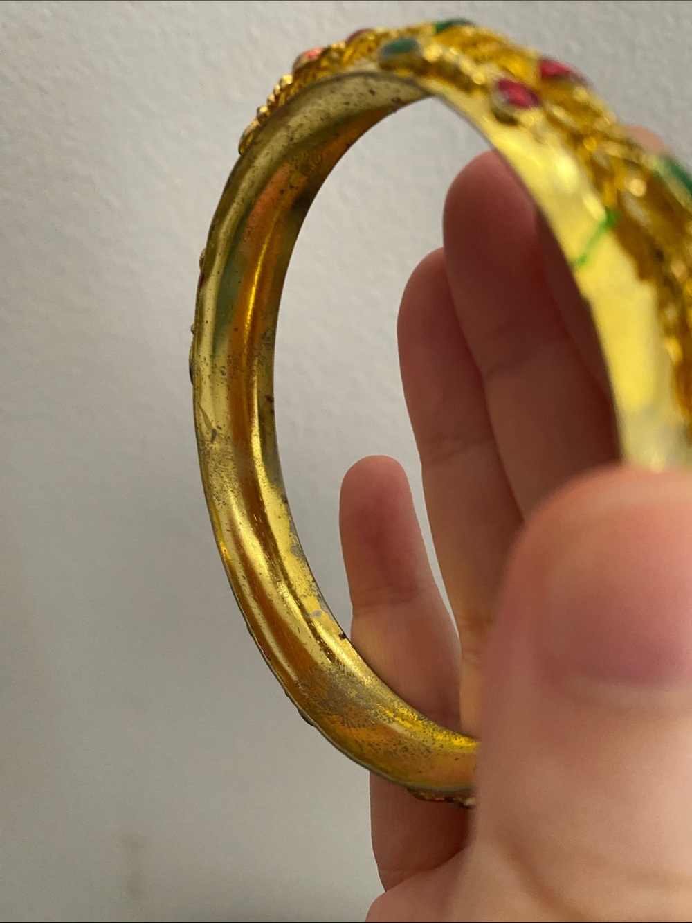Gold-Tone Women’s Bangle Bracelet with Red and Green Accents - Picture 3 of 6